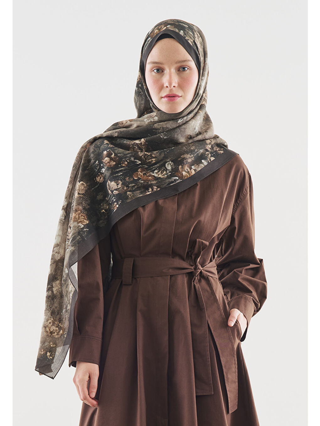 Bej EVELYNE DESENLİ PAMUK VİSKON ŞAL VİZON-1