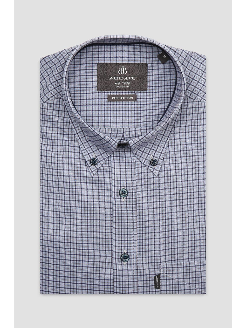 Aldo Poplin Pamuklu Comfort Fit Lacivert Düğmeli Yaka Erkek Kareli Gömlek