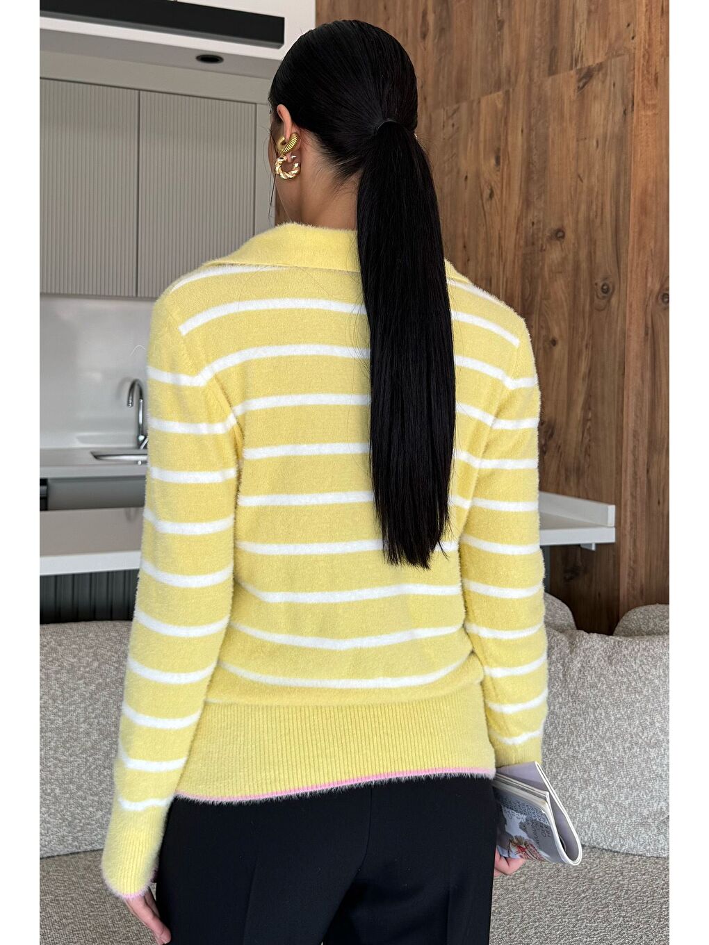 Sarı Kadın Polo Yaka Çizgi Desenli Sakallı Triko Kazak (s-m-l-xl Beden Uyumludur.)-4