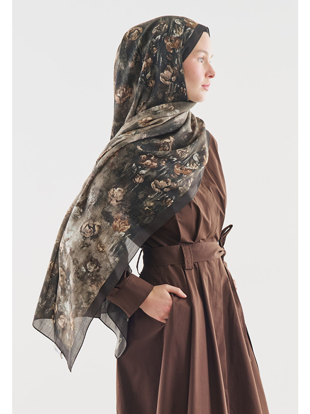 Bej EVELYNE DESENLİ PAMUK VİSKON ŞAL VİZON-2