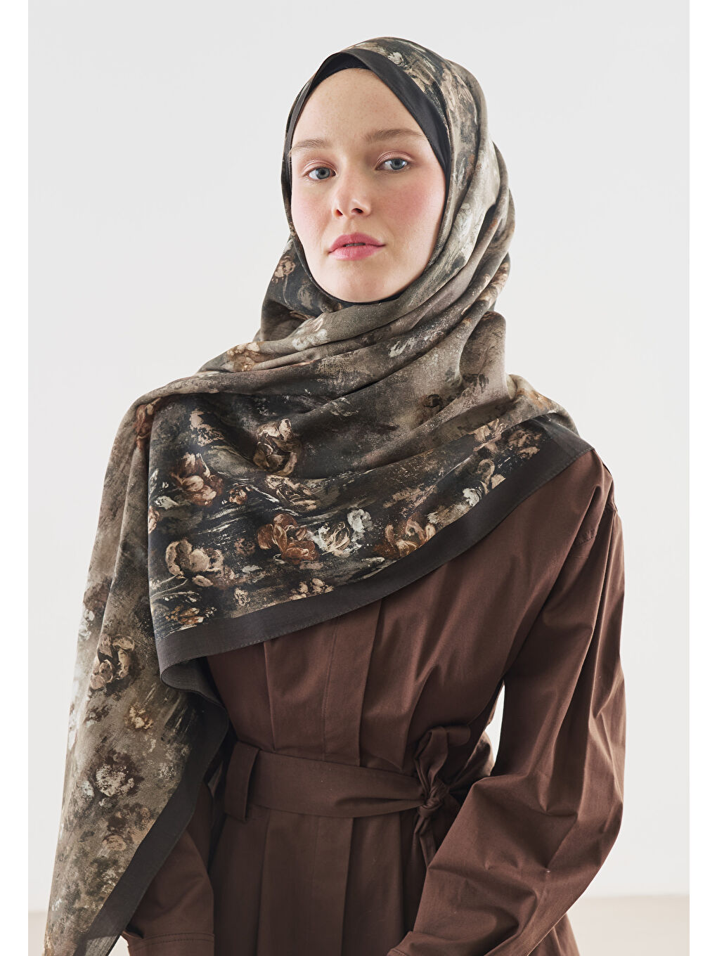 Bej EVELYNE DESENLİ PAMUK VİSKON ŞAL VİZON-3