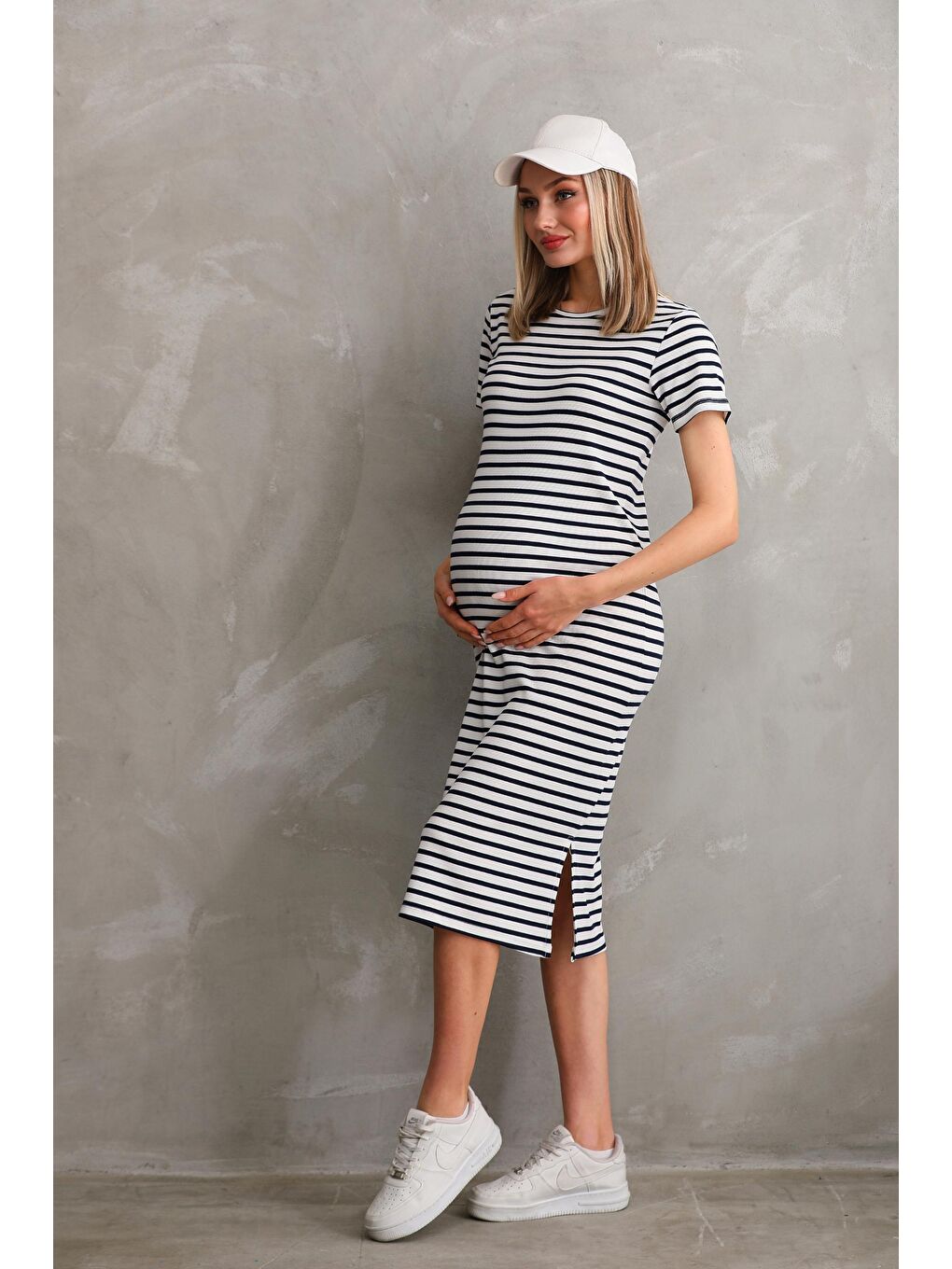 Beyaz Kısa Kol Bisiklet Yaka Fittilli Kaşkorse Çizgili Hamile Elbisesi
