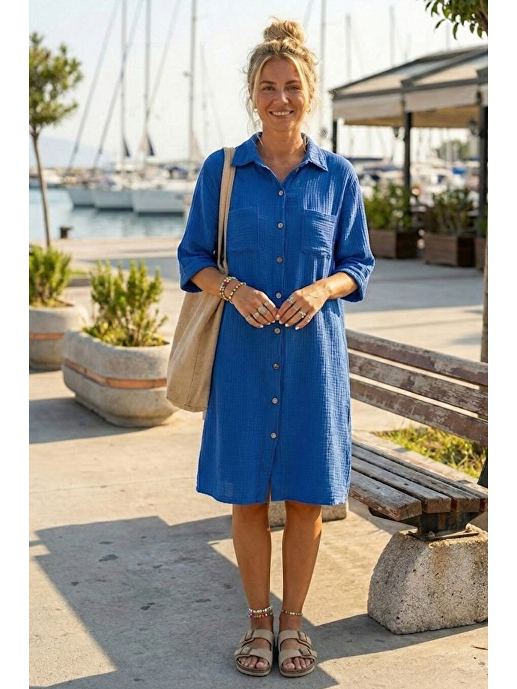 Saks Mavisi Gömlek Yaka Kısa Kol Düğmeli Çift Cepli Casual Müslin Salaş Dokuma Elbise 95 65