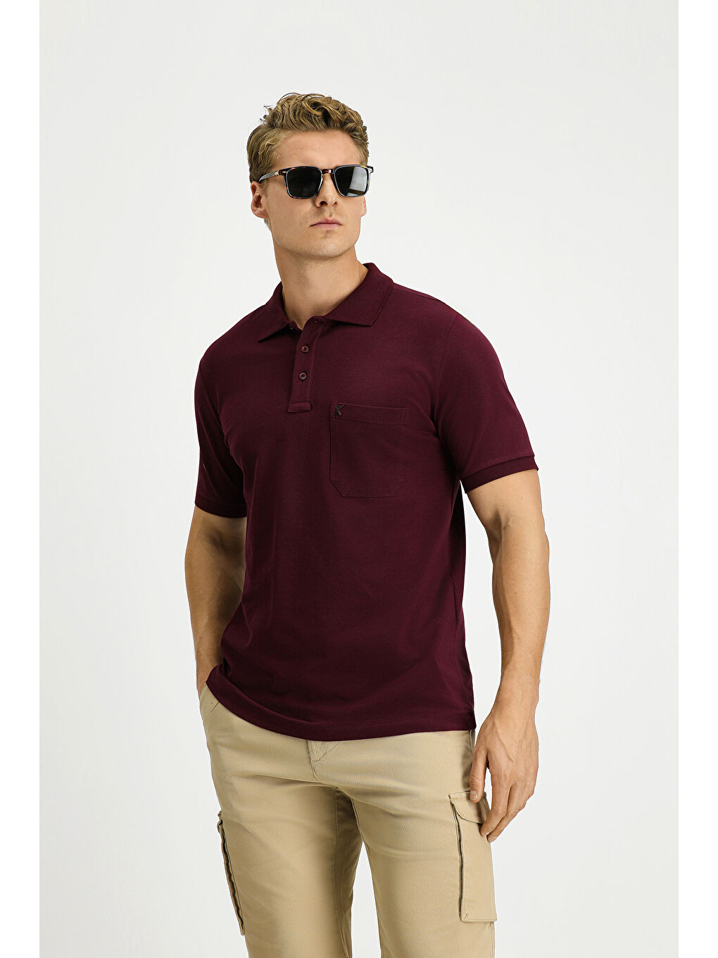 Bordo Regular Fit Pamuk Nakışlı Cepli Kıvrılmaz Polo Yaka Tişört