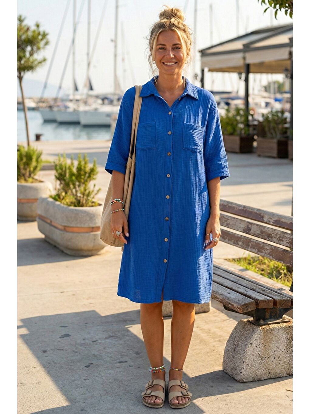 Saks Mavisi Gömlek Yaka Kısa Kol Düğmeli Çift Cepli Casual Müslin Salaş Dokuma Elbise 95 65-1