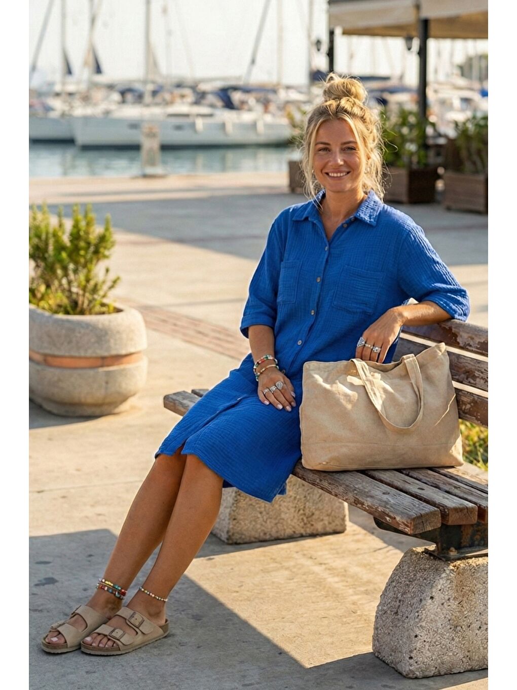 Saks Mavisi Gömlek Yaka Kısa Kol Düğmeli Çift Cepli Casual Müslin Salaş Dokuma Elbise 95 65-2