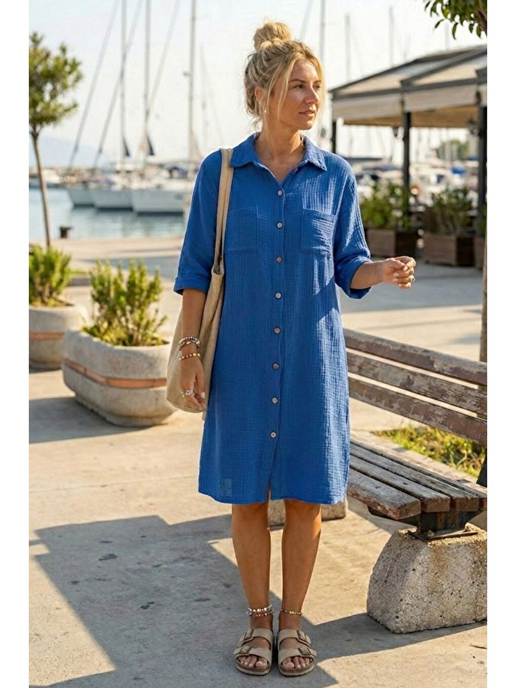 Saks Mavisi Gömlek Yaka Kısa Kol Düğmeli Çift Cepli Casual Müslin Salaş Dokuma Elbise 95 65-3