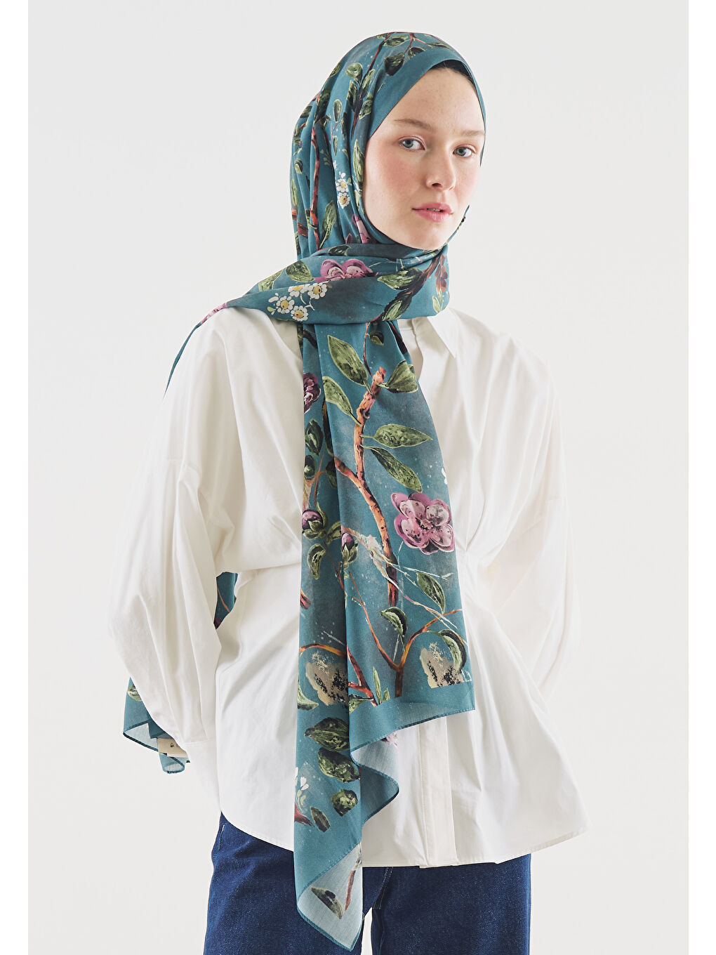 Mavi FLOWER RAIN DESENLİ PAMUK VİSKON ŞAL OKYANUS