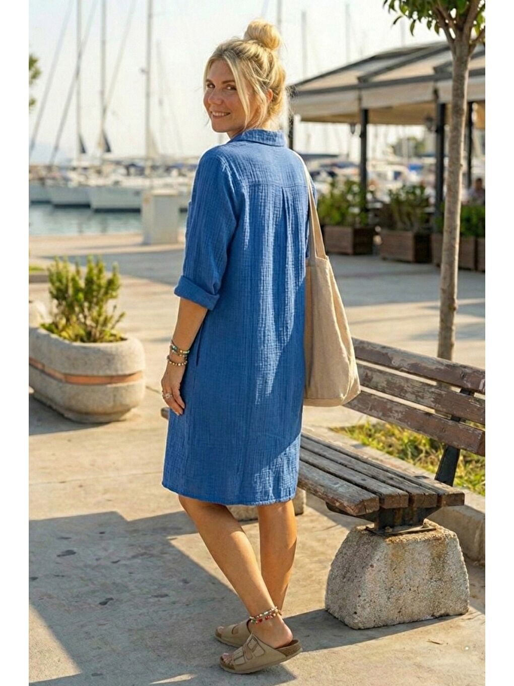 Saks Mavisi Gömlek Yaka Kısa Kol Düğmeli Çift Cepli Casual Müslin Salaş Dokuma Elbise 95 65-4