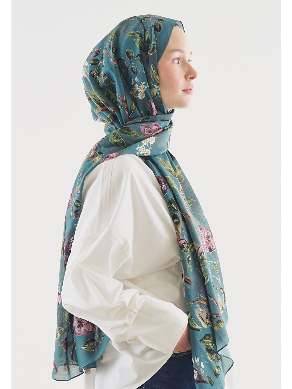 Mavi FLOWER RAIN DESENLİ PAMUK VİSKON ŞAL OKYANUS-1