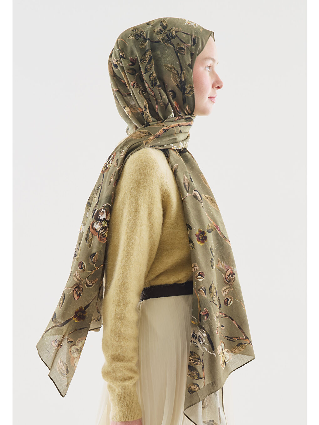 Yeşil FLOWER RAIN DESENLİ PAMUK VİSKON ŞAL ÇAĞLA-1