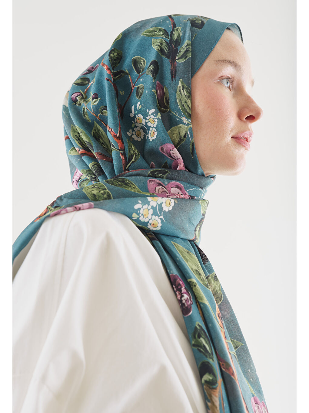 Mavi FLOWER RAIN DESENLİ PAMUK VİSKON ŞAL OKYANUS-3