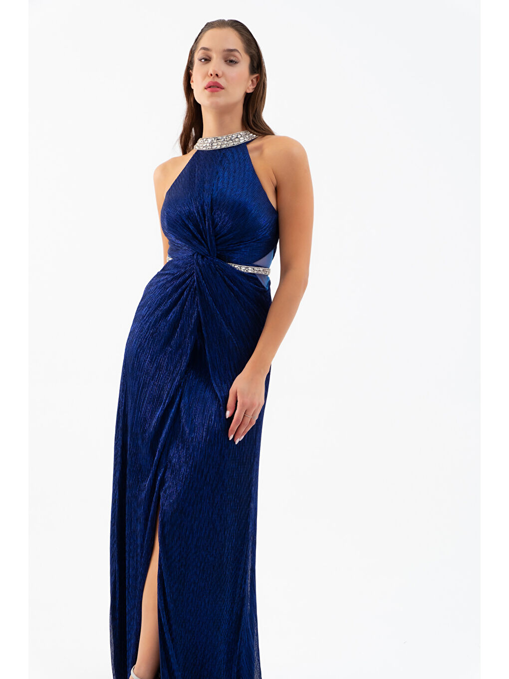 Mavi Kadın Saks Halter Yaka Taşlı Uzun Abiye Elbise-2