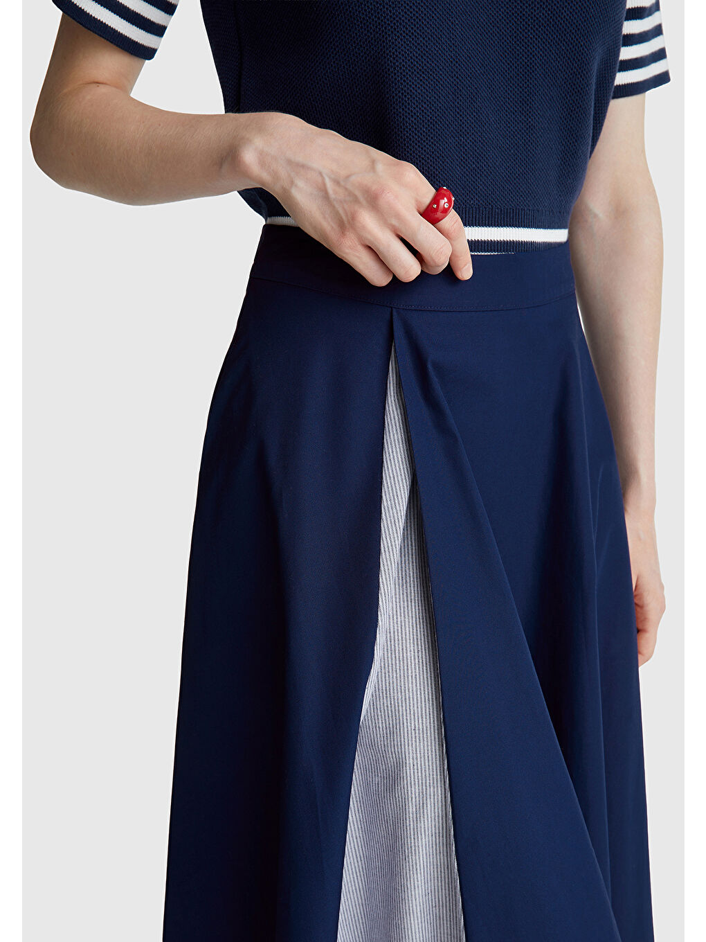 Kadın Lacivert Pamuk Karışımlı Pile Detaylı Midi Etek-5