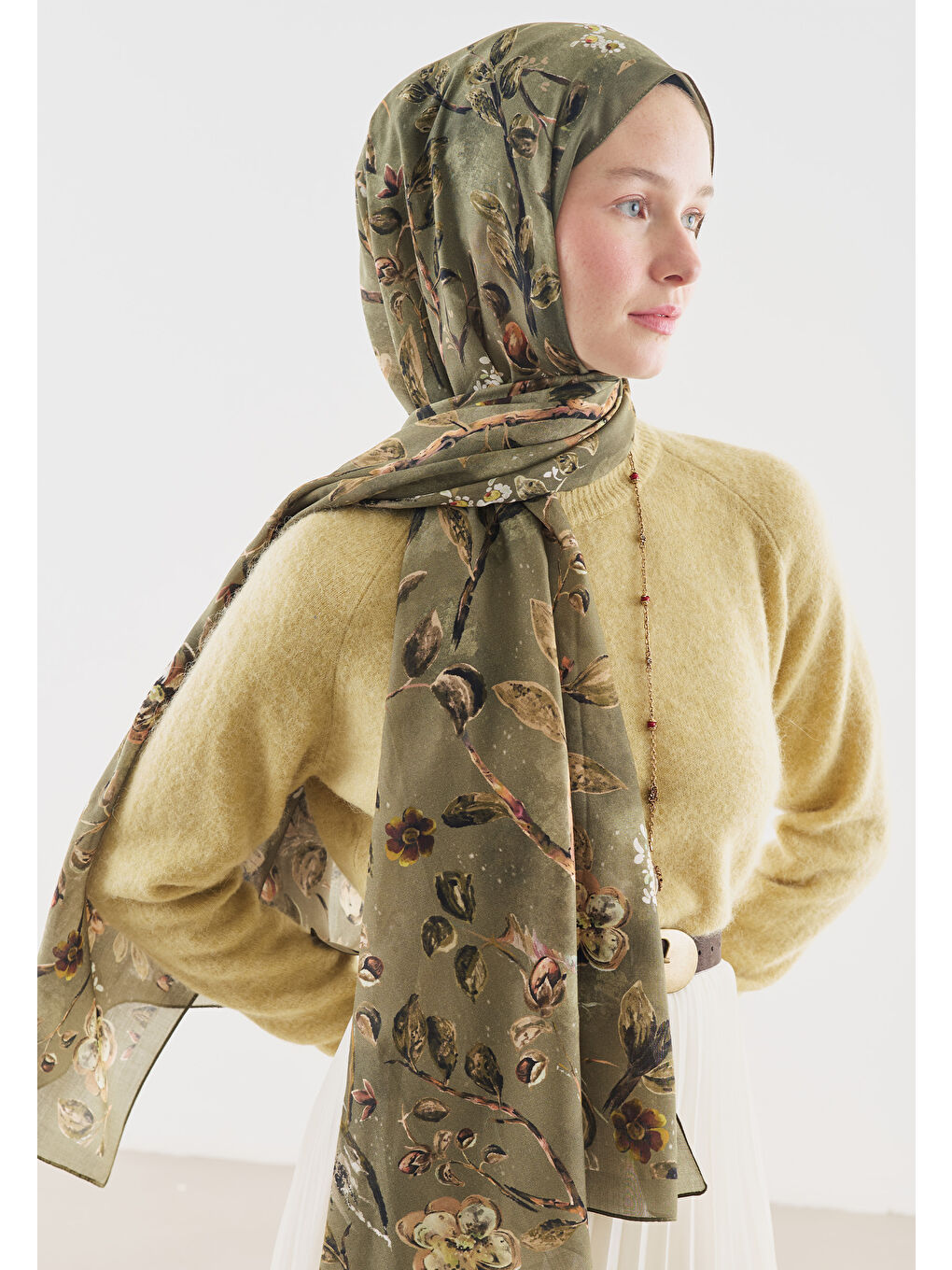 Yeşil FLOWER RAIN DESENLİ PAMUK VİSKON ŞAL ÇAĞLA-2