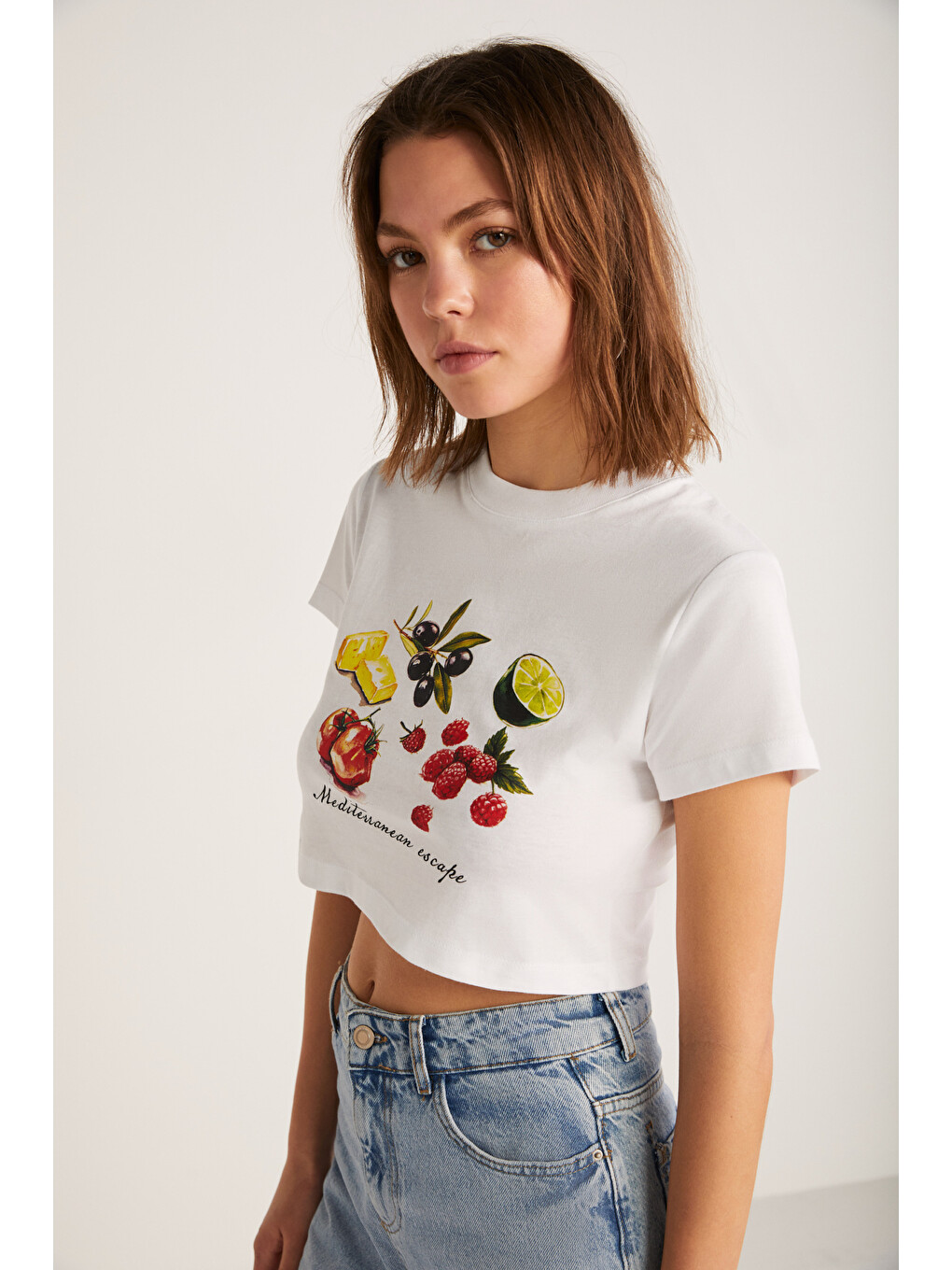 Serene Kadın Kısa Kollu Baskılı Crop Beyaz T-shirt-1