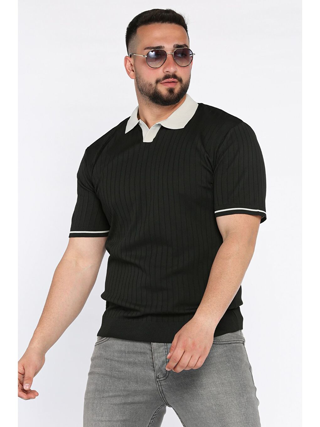 Siyah Erkek Polo Yaka Kendinden Çizgi Desenli Triko Tişört