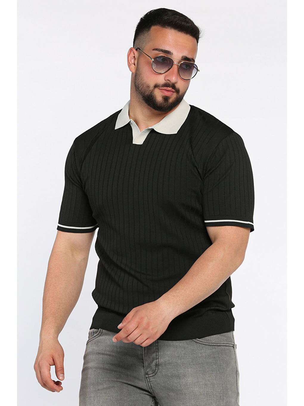 Siyah Erkek Polo Yaka Kendinden Çizgi Desenli Triko Tişört-1