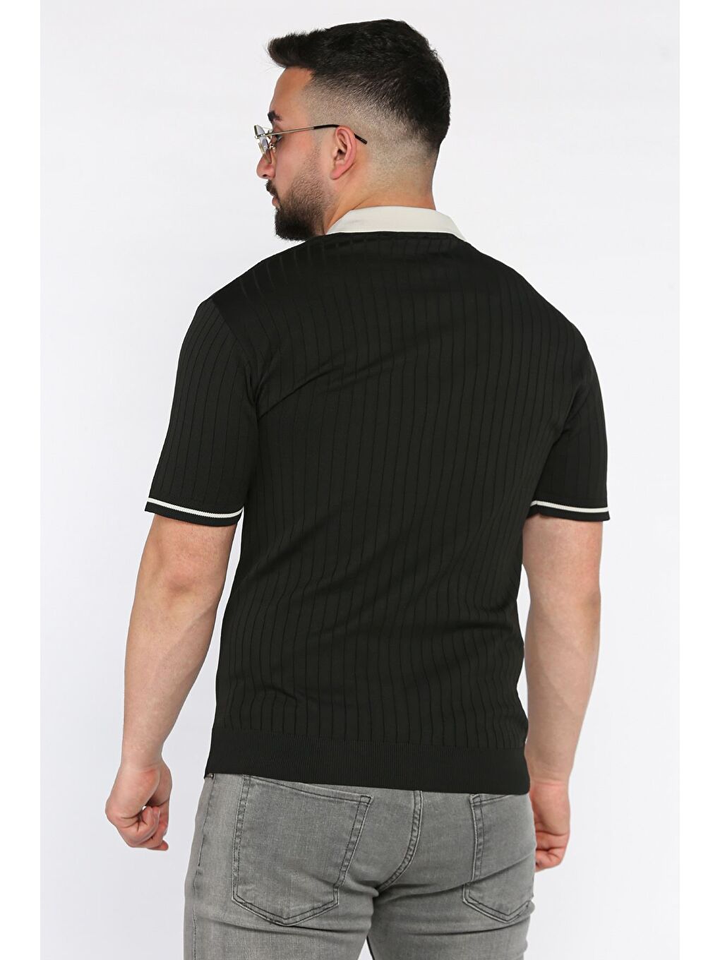 Siyah Erkek Polo Yaka Kendinden Çizgi Desenli Triko Tişört-2