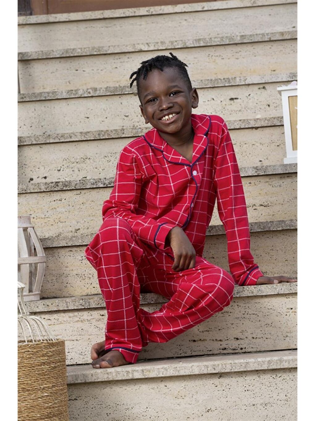 Erkek Çocuk Uzun Kollu Düğmeli Pijama Takımı Mia Kareli Kırmızı-1