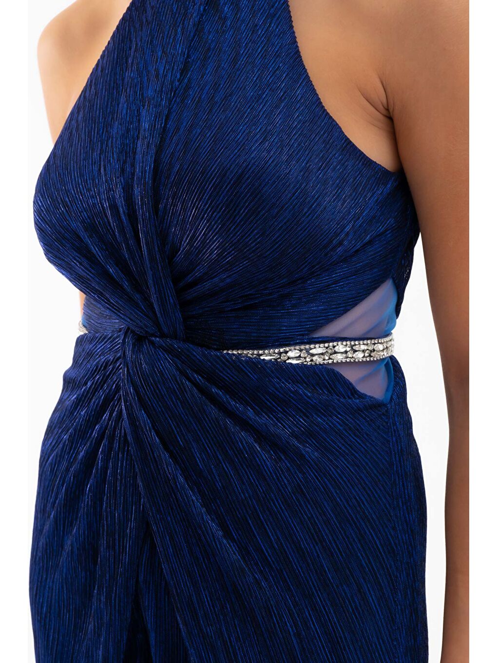 Mavi Kadın Saks Halter Yaka Taşlı Uzun Abiye Elbise-4