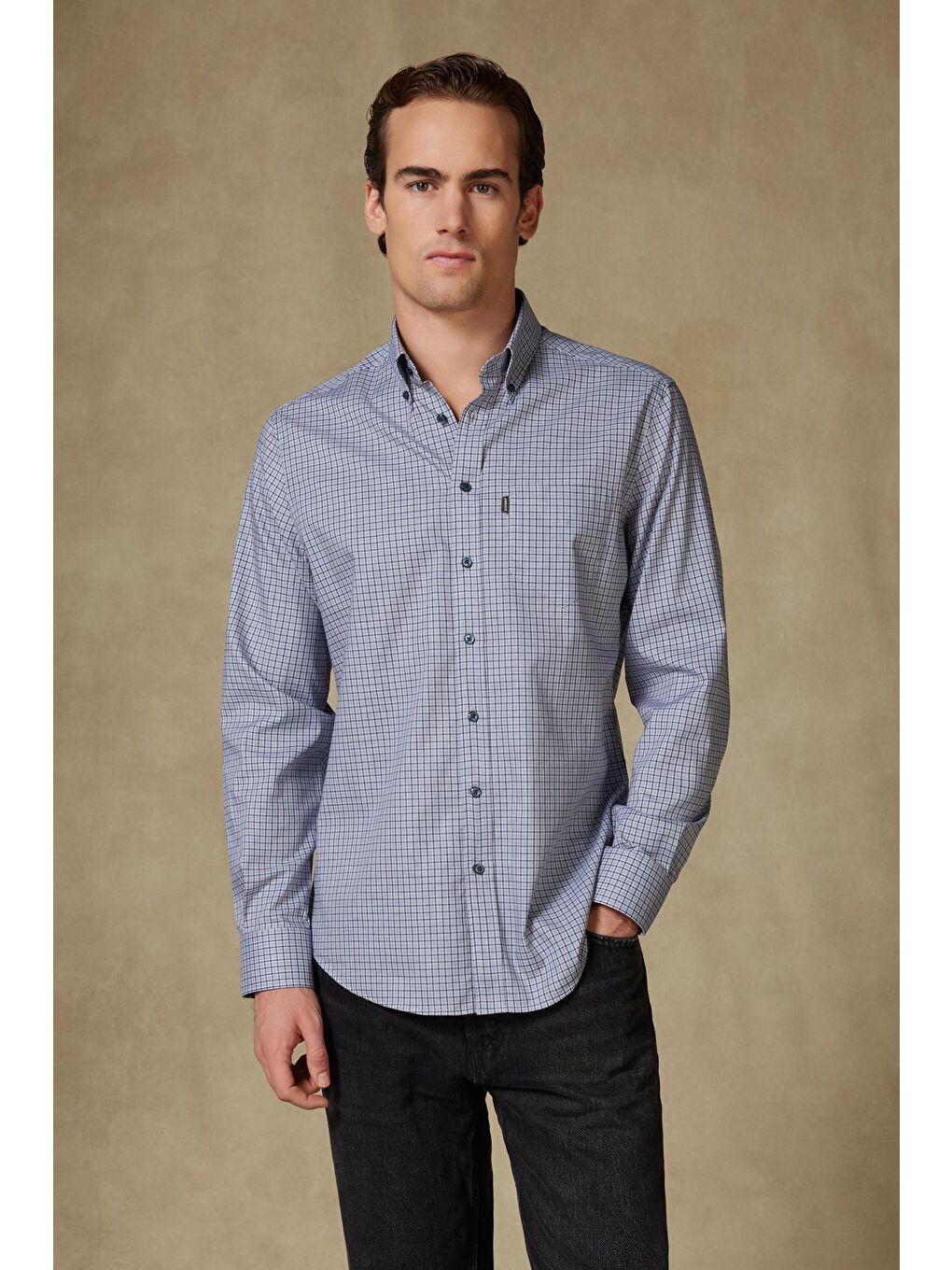 Aldo Poplin Pamuklu Comfort Fit Lacivert Düğmeli Yaka Erkek Kareli Gömlek