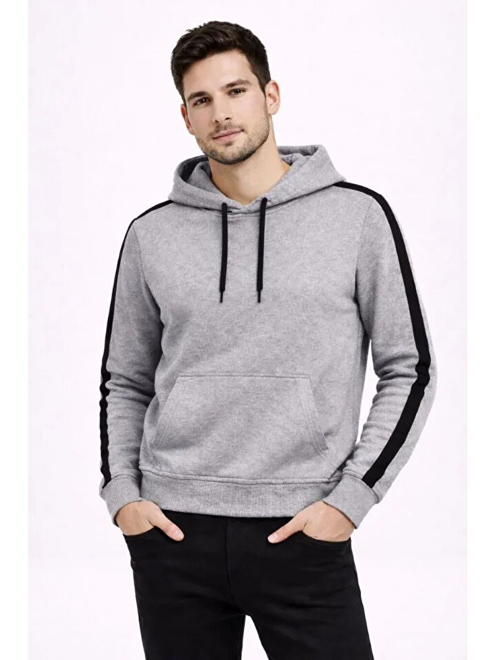 Erkek Şeritli Kapüşonlu Sweatshirt Oversize 3 Iplik Pamuklu - Gri