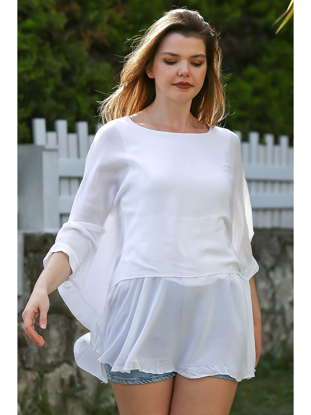 Beyaz Havuz Yaka Yarasa Kol İnce Astarlı Çift Katlı Casual Oversize Dokuma Bluz 75 85