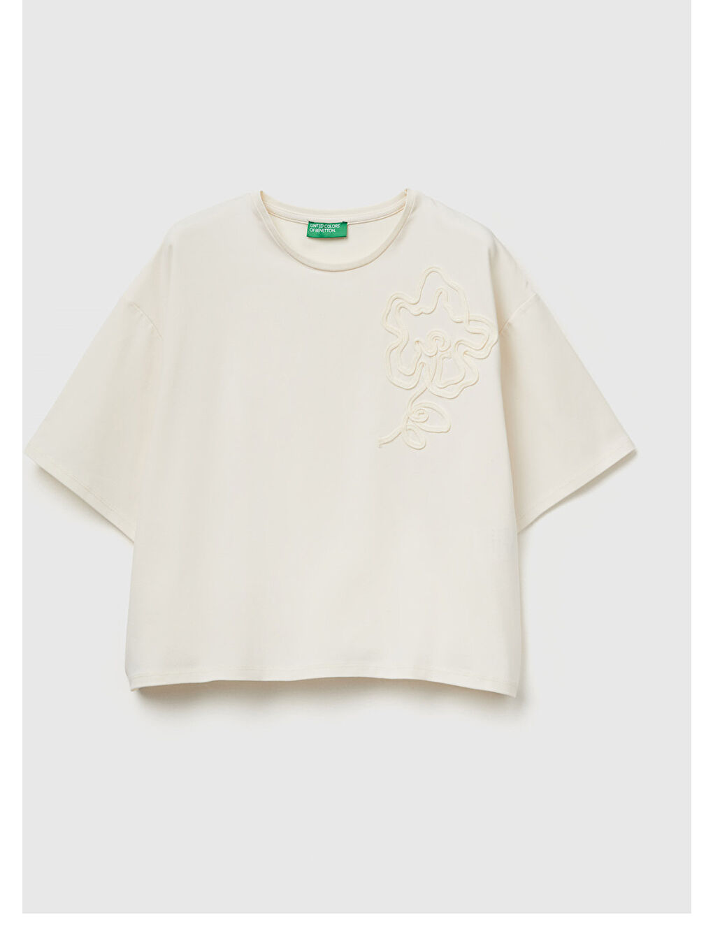 Ekru Kadın Krem Pamuk Karışımlı Çiçek Aplikeli T-Shirt-1