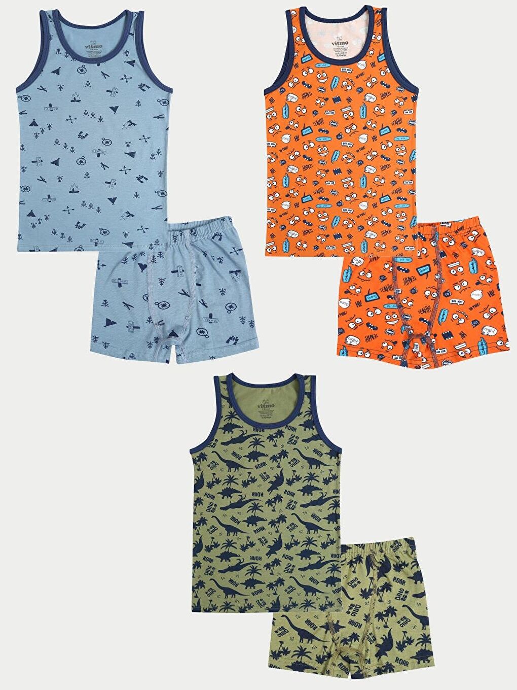 Erkek Çocuk Pamuklu 3'Lü Atlet 3'Lü Boxer Karışık Renk Camper 6 Parça Set