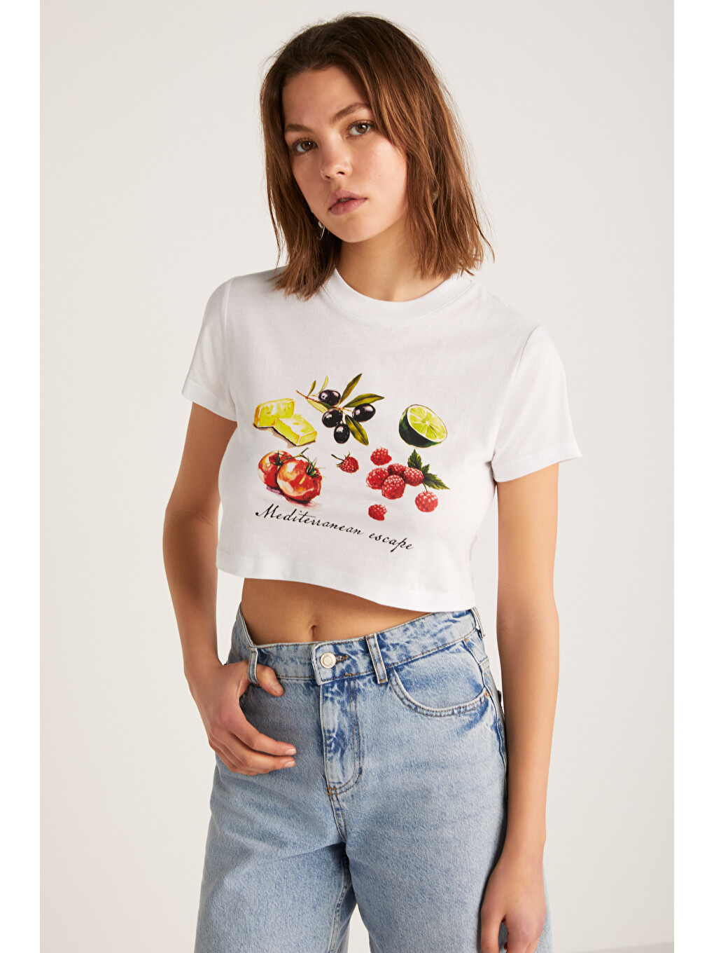 Serene Kadın Kısa Kollu Baskılı Crop Beyaz T-shirt-3