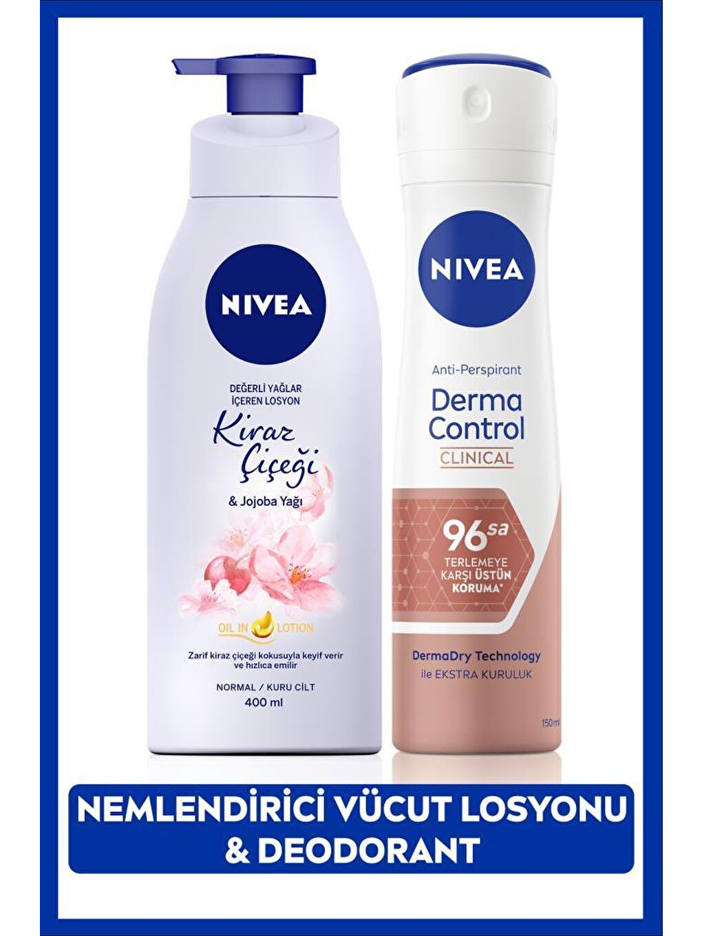 NIVEA Şeffaf Kadın Sprey Deodorant Derma Control Clinical 150ml, Kiraz Çiçeği Nemlendirici Vücut Losyonu 400ml