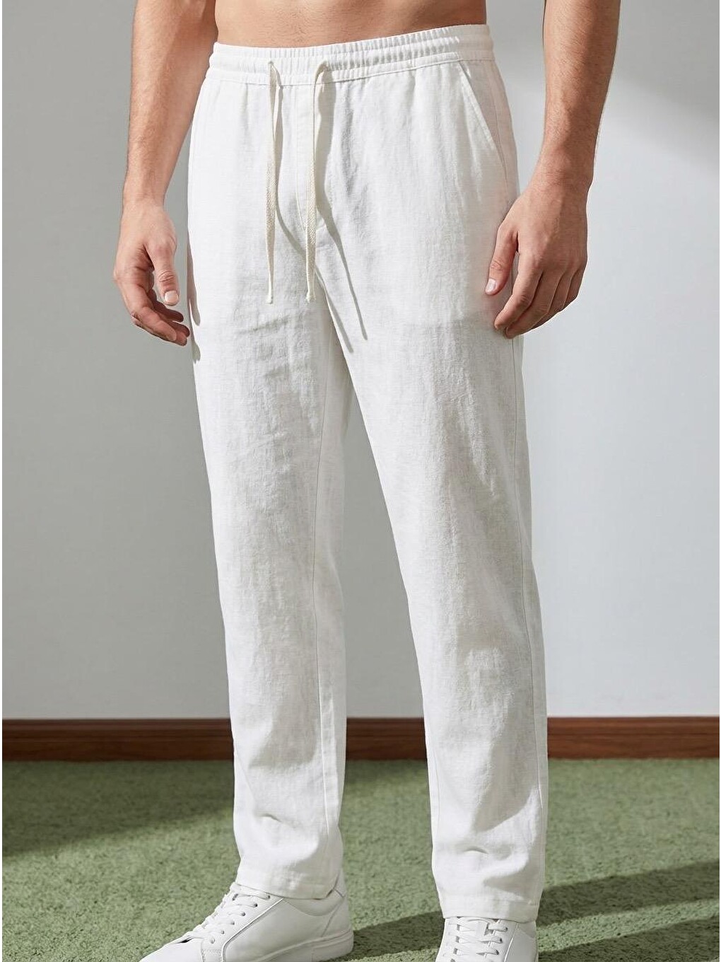 Erkek Baggy Kalıp Beli Lastikli %100 Pamuk Keten Görünümlü Pantolon Ekru 1007dngr-1