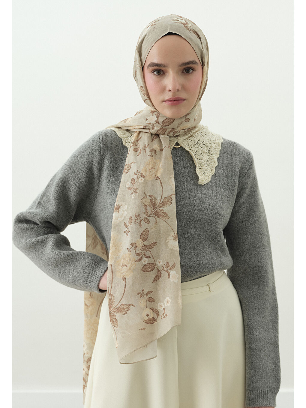 Bej REVERIE DESENLİ PAMUK VİSKON ŞAL BEJ