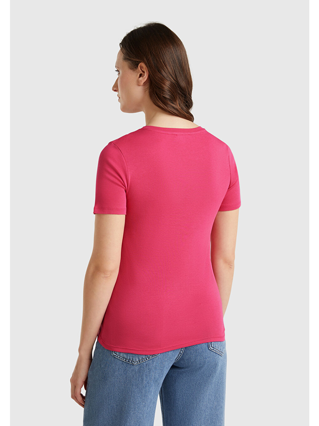 Kadın Fuşya %100 Pamuk V Yaka Basic Tişört-2