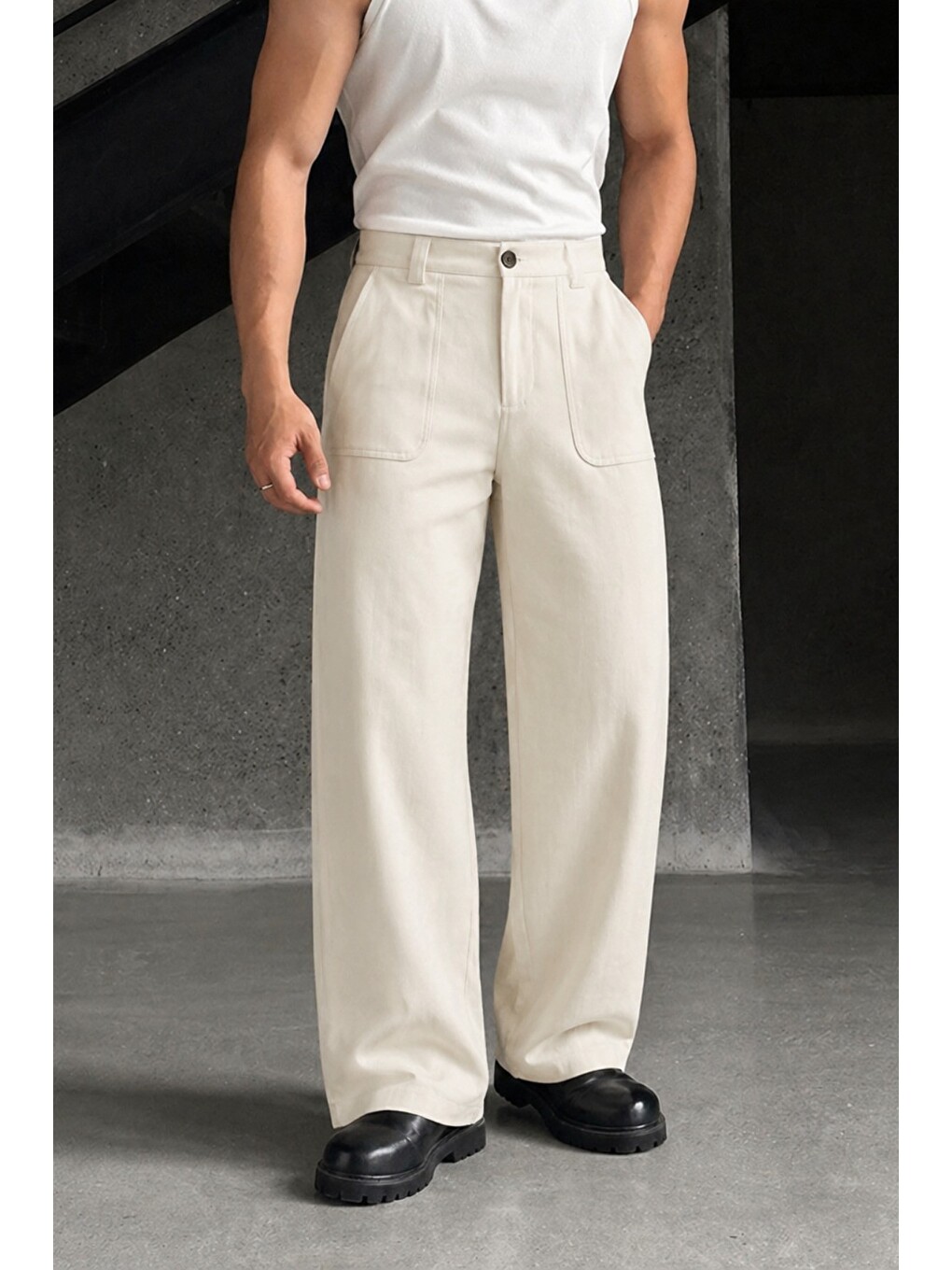 Bej Erkek Baggy Fit Old Money Cep Detaylı Pantolon