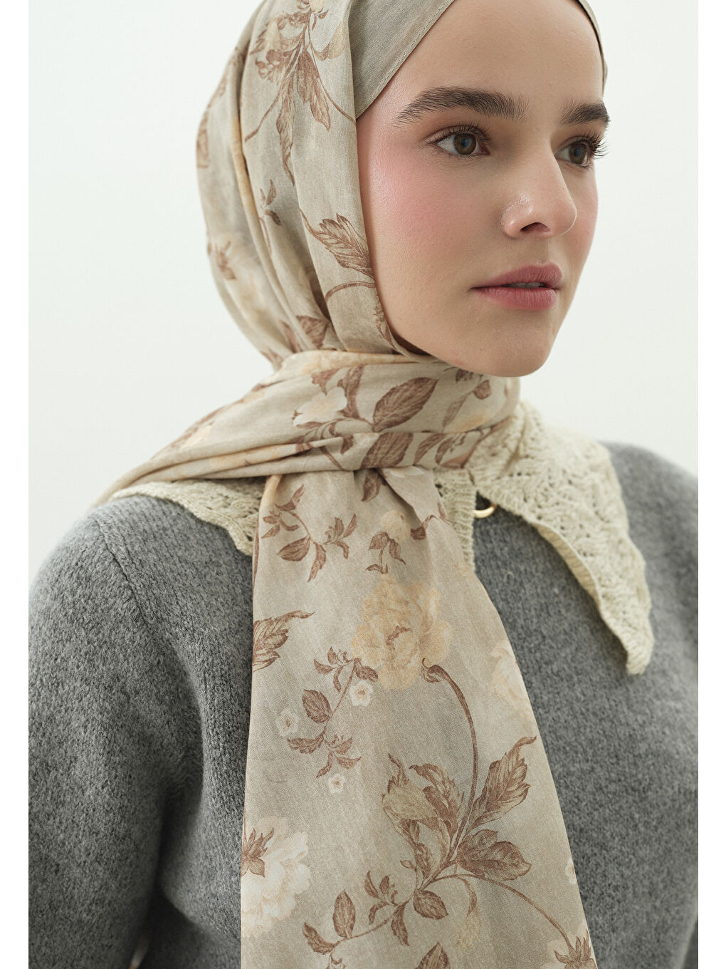 Bej REVERIE DESENLİ PAMUK VİSKON ŞAL BEJ-1