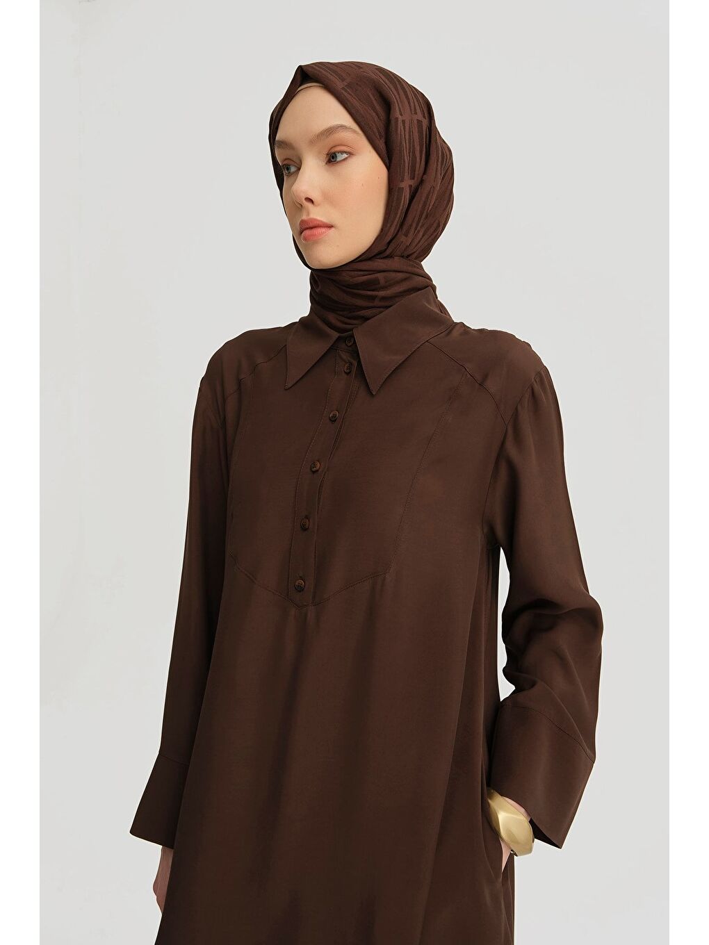 Asimetrik Uzun Tunik Elbise Kahverengi