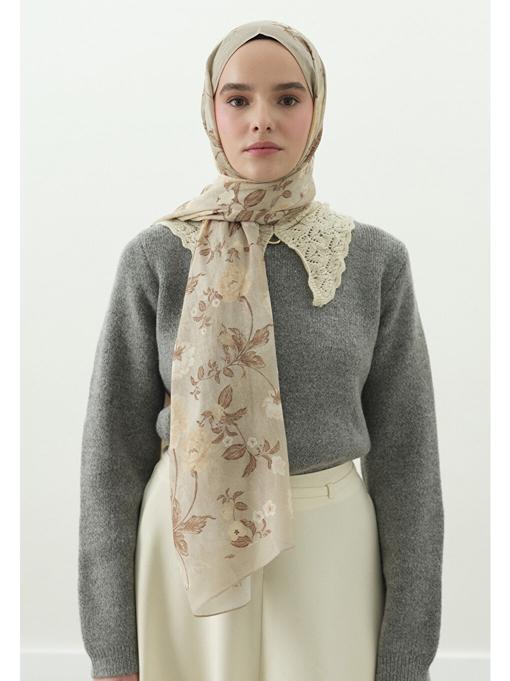 Bej REVERIE DESENLİ PAMUK VİSKON ŞAL BEJ-2