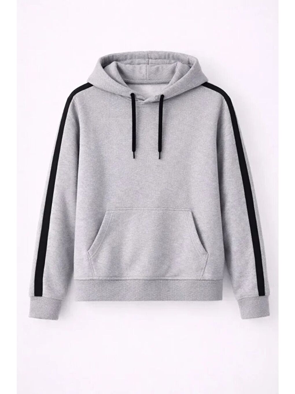 Erkek Şeritli Kapüşonlu Sweatshirt Oversize 3 Iplik Pamuklu - Gri-2