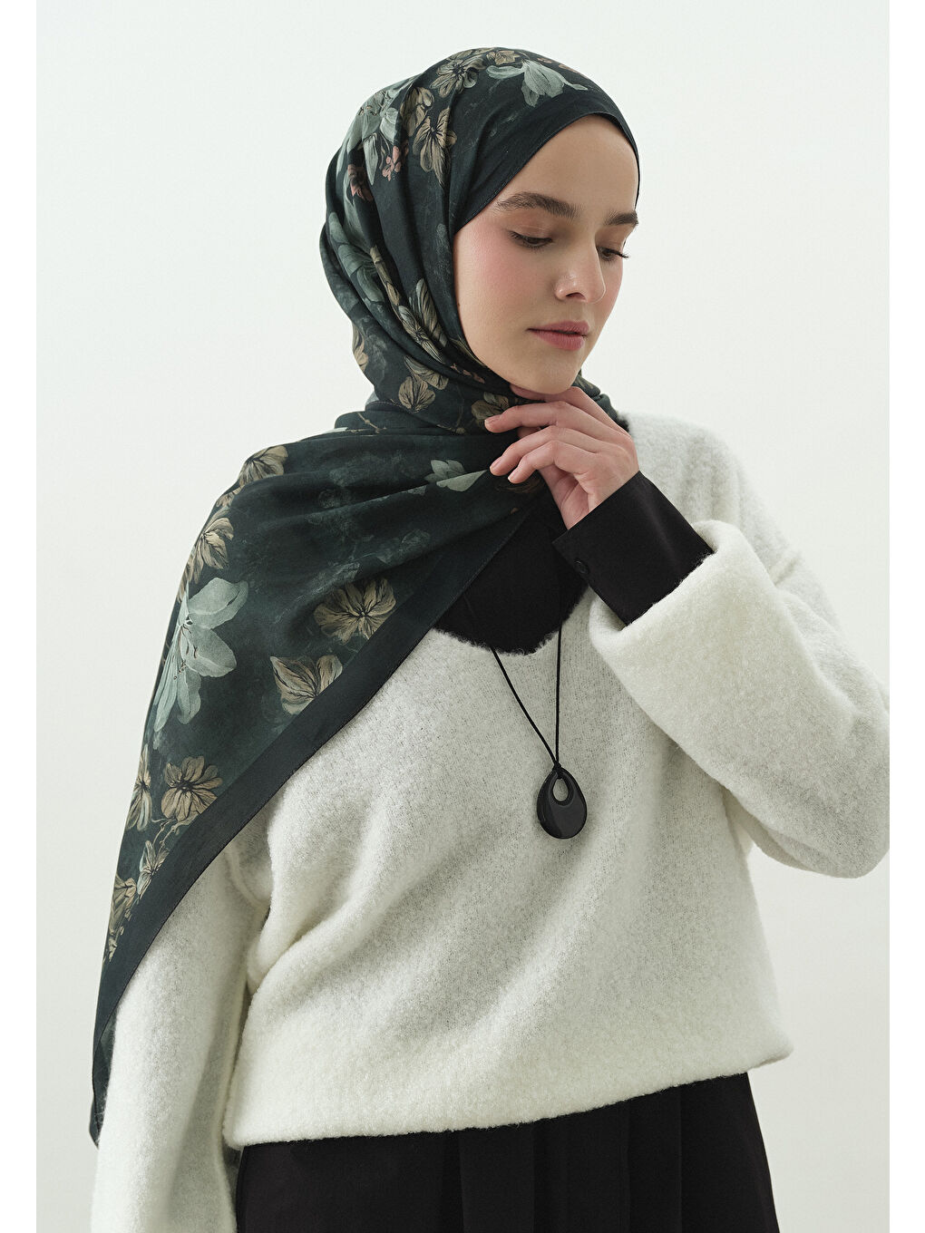 Yeşil FALL BREEZE DESENLİ PAMUK VİSKON ŞAL DERİN YEŞİL-2