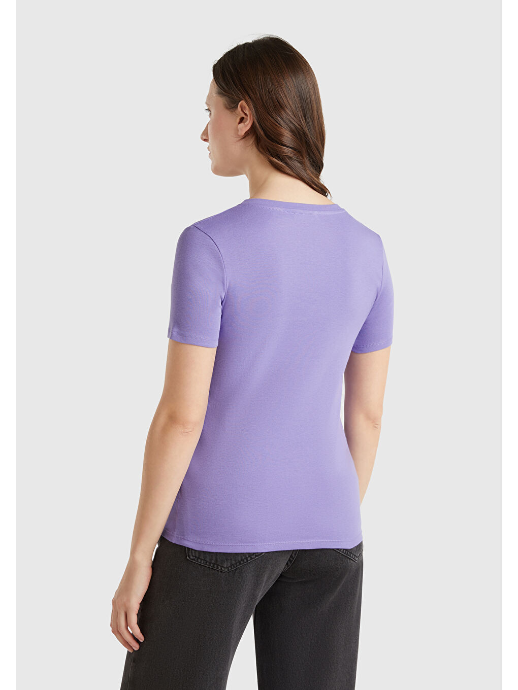 Kadın Mor %100 Pamuk V Yaka Basic Tişört-2