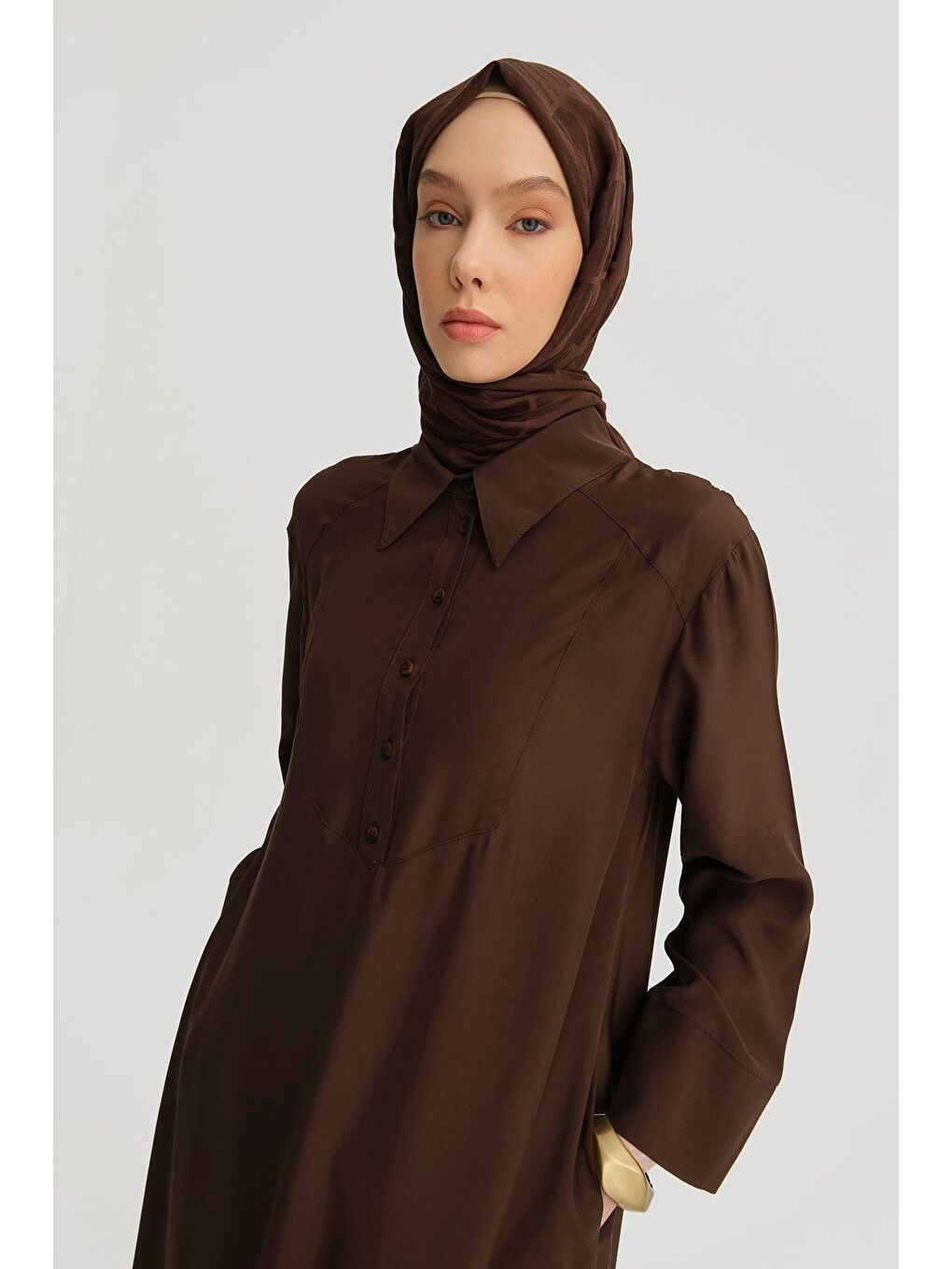 Asimetrik Uzun Tunik Elbise Kahverengi-1