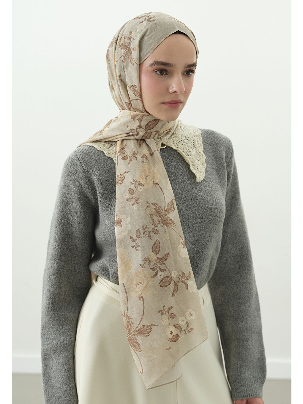 Bej REVERIE DESENLİ PAMUK VİSKON ŞAL BEJ-3