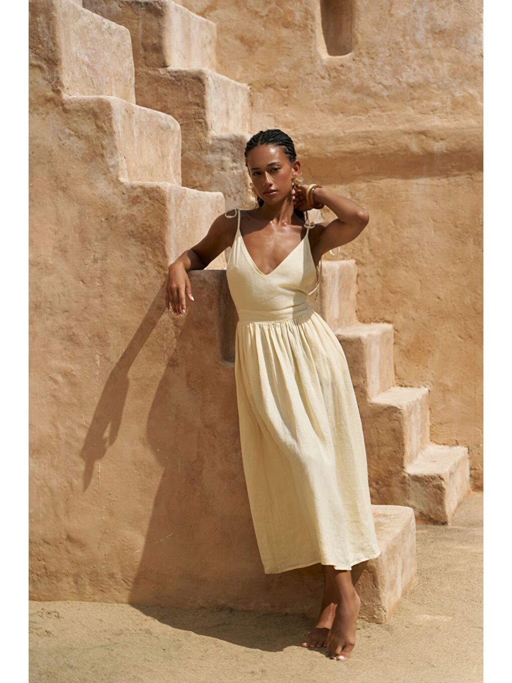 Eara Askılı Sarı Uzun Keten Elbise-1