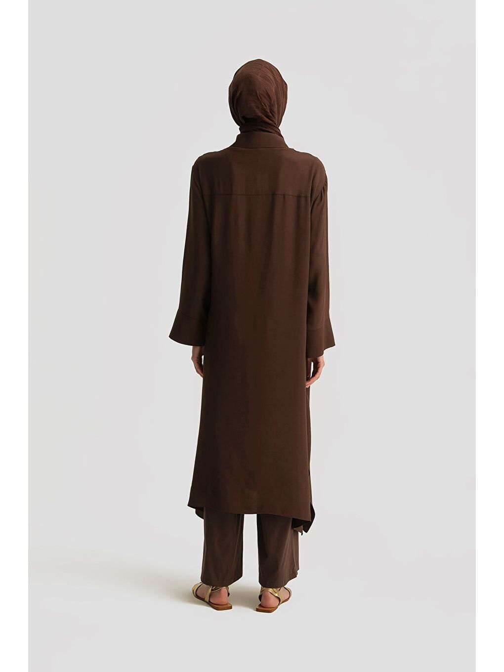 Asimetrik Uzun Tunik Elbise Kahverengi-4