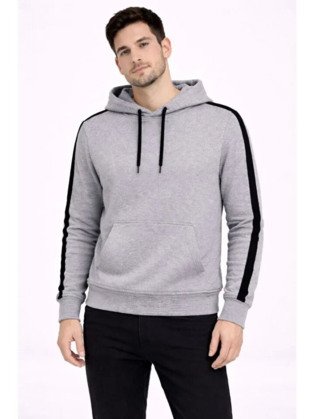 Erkek Şeritli Kapüşonlu Sweatshirt Oversize 3 Iplik Pamuklu - Gri-3