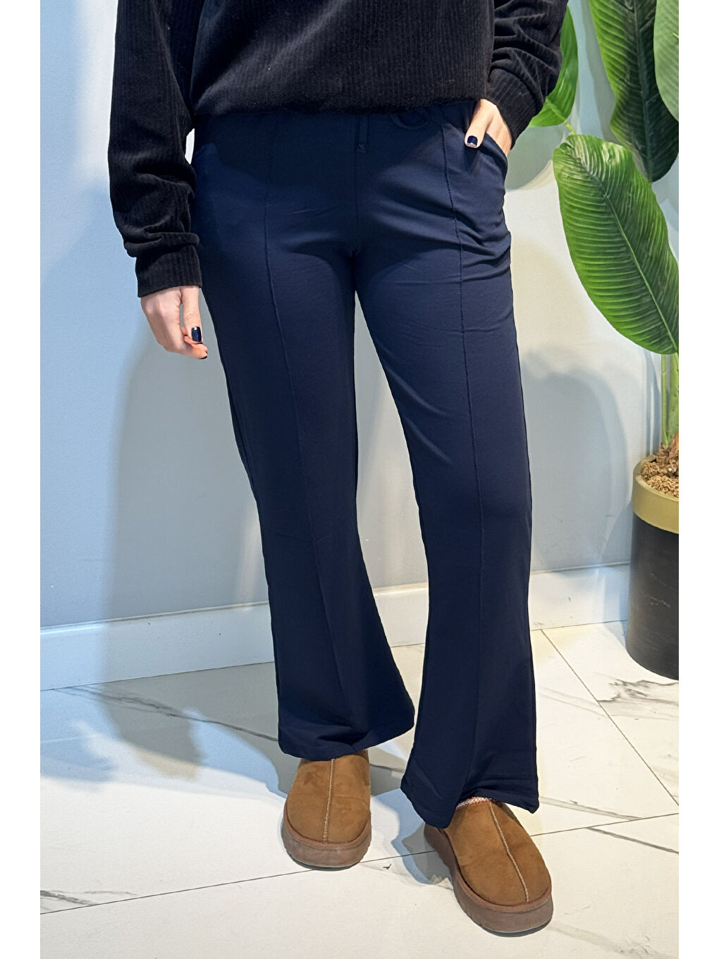 Nervür Dikiş Beli Lastikli Bağcıklı Pantolon 1887 Lacivert-1