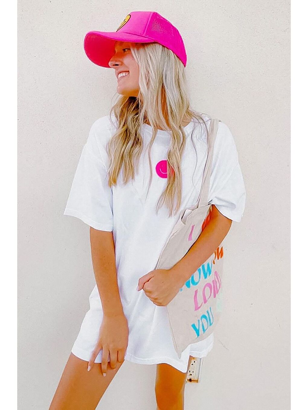 Beyaz Baskılı Oversize Bisiklet Yaka Kadın Tişört-6