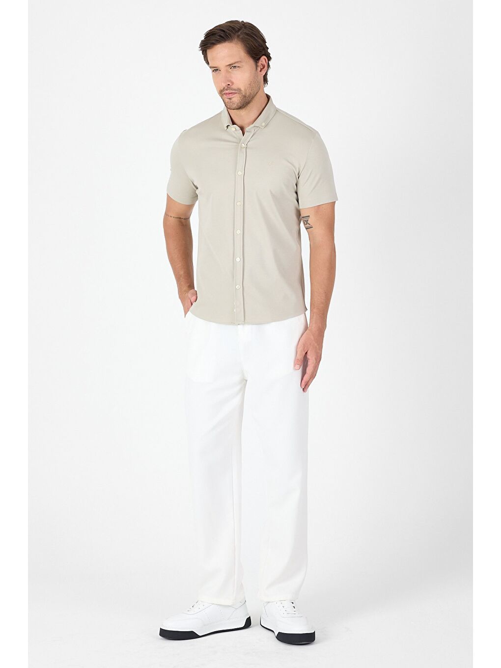 Bej Taş Rengi Kısa Kol Düğmeli Yaka Cepsiz Performans Ürün Slim Fit Büyük Beden Gömlek 1004250256-3